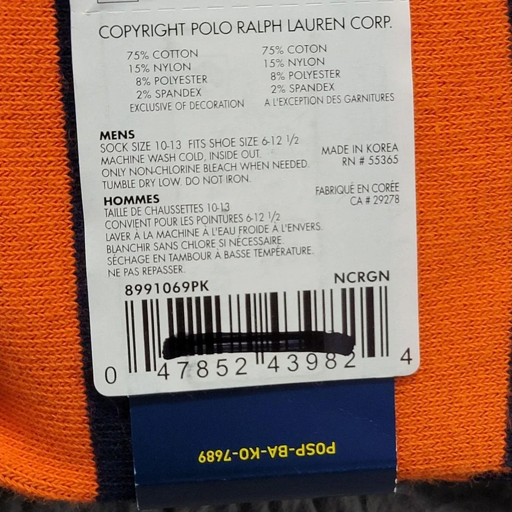Polo Ralph Lauren Socks Mens 10-13 Green Navy Rugby Stripe Pony Crew 2 Pairs